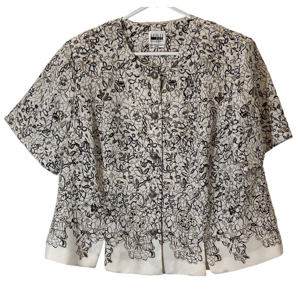 Vtg Leslie Faye Womens Short Sleeve Jacket 20WP Ivory Black 2X Grandmacore